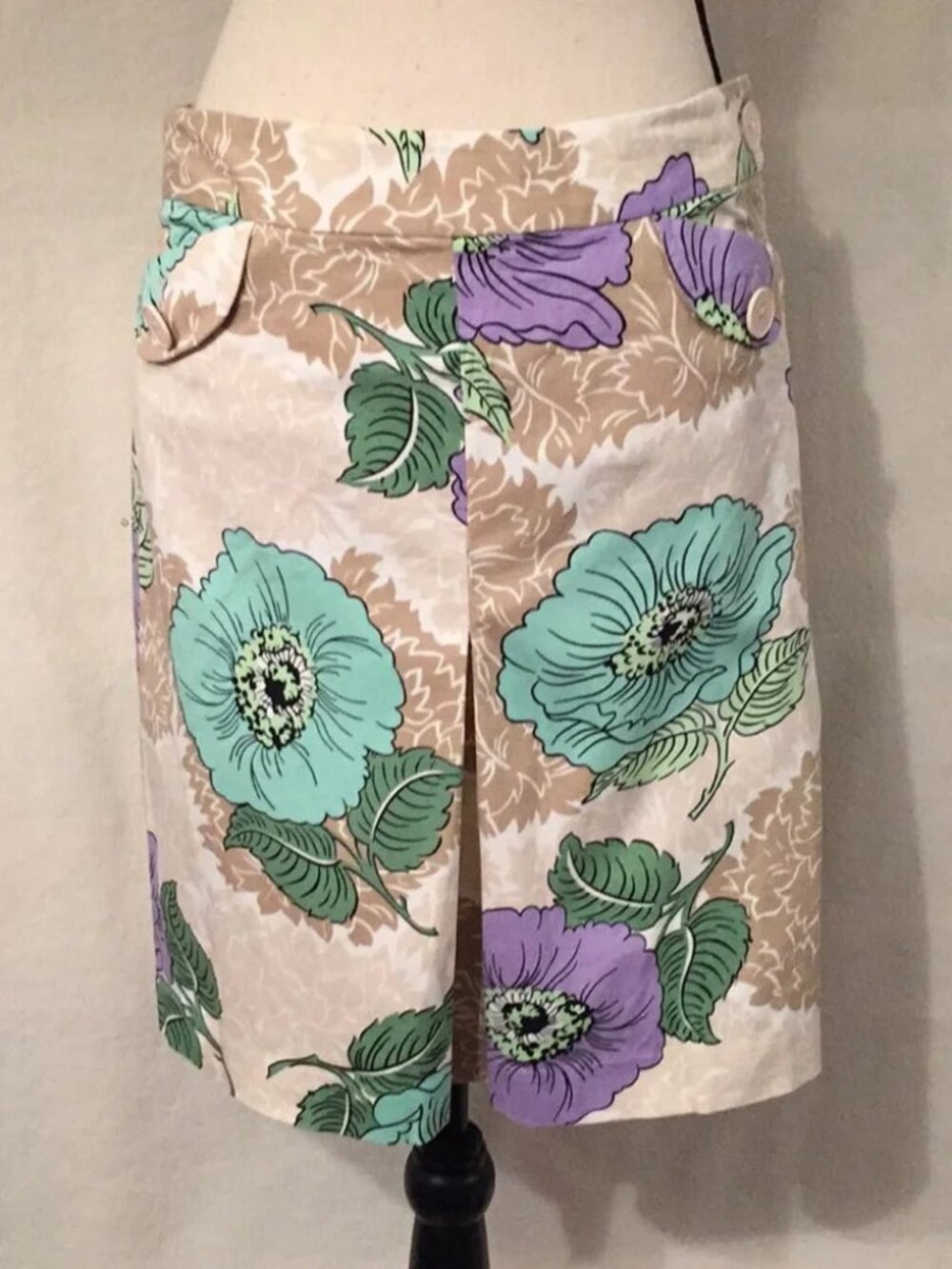 LOFT cream and purple floral pleated a-line skirt